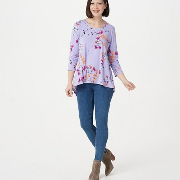 Susan Graver Printed Liquid Knit Top Peplum Back - Picture 3 of 3